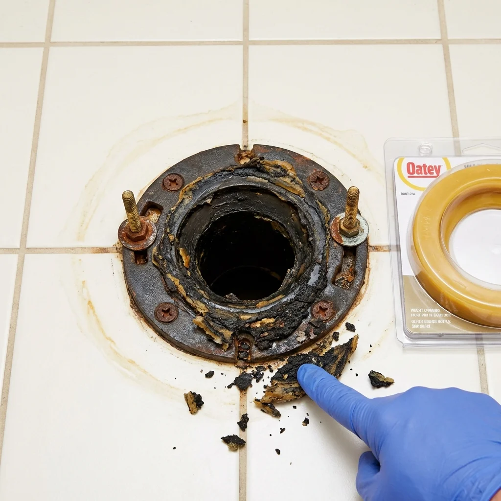Failed wax ring showing water seepage at the base of a toilet in a Carthage, TX home